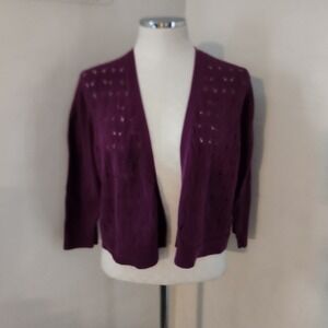 Ann Taylor LOFT Plum Purple Pointelle Cable Knit Open Front Cardigan Sweater L